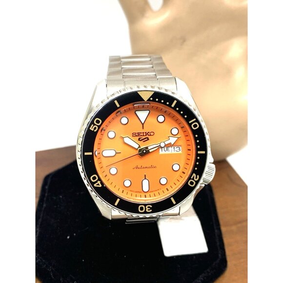 Seiko 5 Men's Watch SRPD59 Automatic Orange Dial Day Date Silver Stainless Steel - Picture 14 of 15